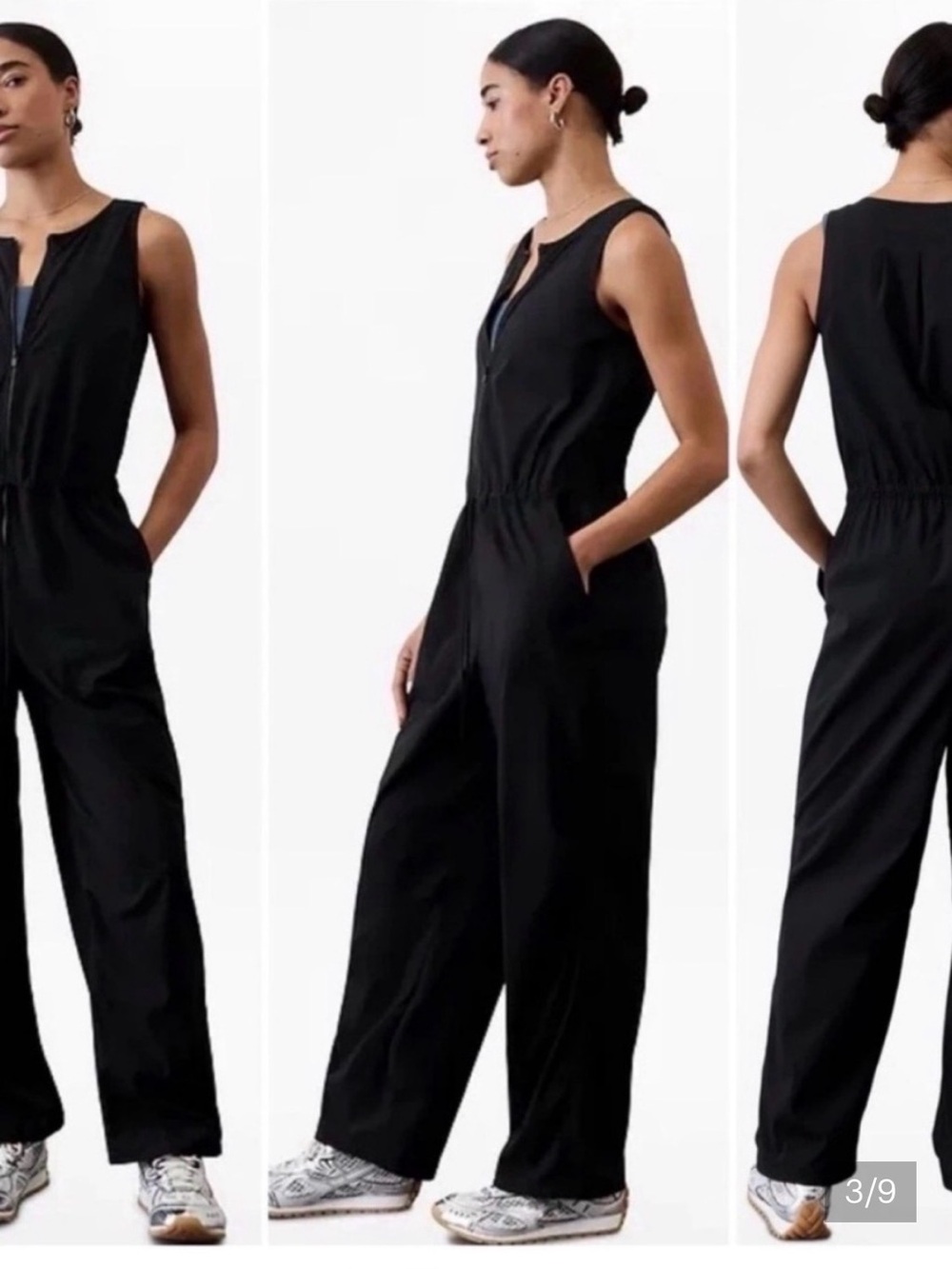 Athleta Black Sleeveless Zip-Front Jumpsuit with Drawstring Waist - Picture 2 of 5